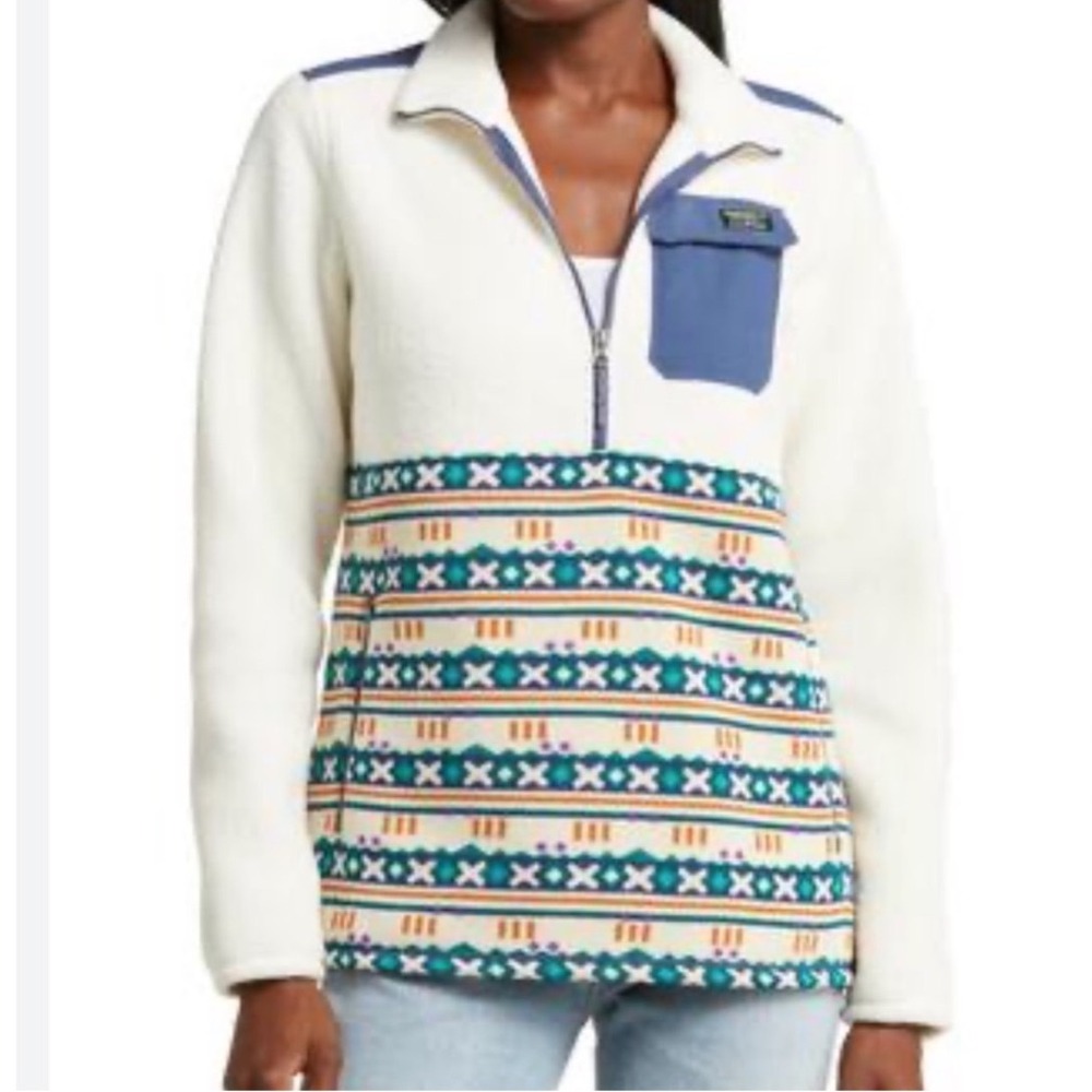 LL Bean Womens XL Tall Hi-Pile Fleece Quarter Zip Pullover Fair Isle Cream Blue